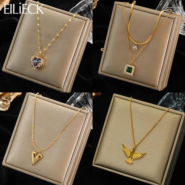Подвесные ожерелья eiLieck 316L из нержавеющей стали Феникс Сердце Квадратное Циркон Ожерелье для женской женской моды.