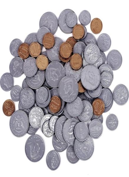 Jogue dinheiro moeda 100pcsset centavos 20 cada um dos centavos de moedas e quartos de meiasdollars moedas de plástico falsas para crianças aprendendo6894551