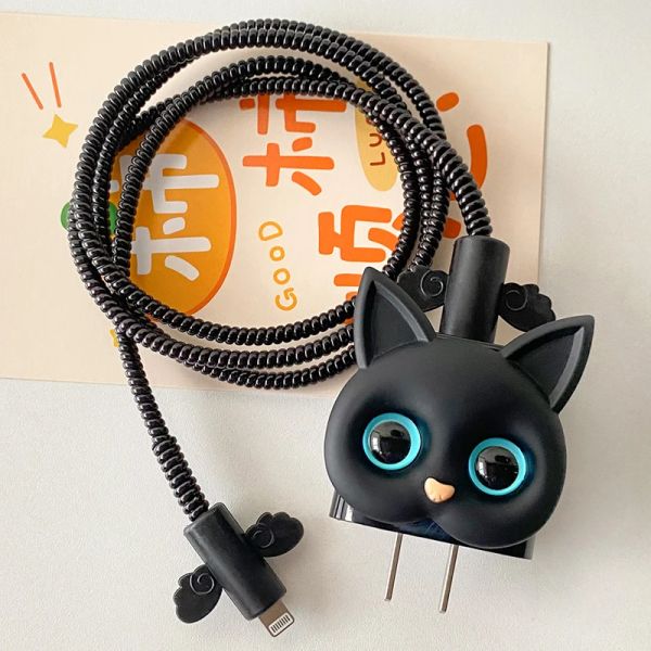 Kara Kedi Şarj Cihazı Kablo Koruyucusu Hızlı Şarj Cihazı Koruyucusu İPhone 15 14 14 13 12 11 18/20W Orijinal Adaptör Kılıf Veri Kablosu