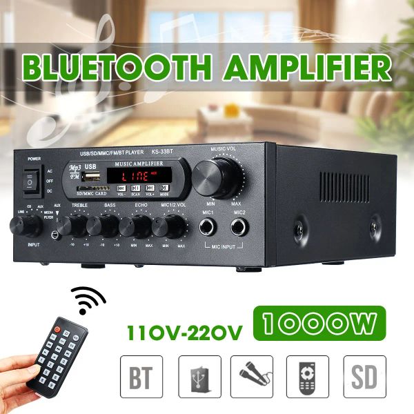 Amplificador 1000W 800W 600W 220V Bluetooth Audio Power Amplifier Amplificadores de home theater Amplificador Audio com controle remoto FM USB