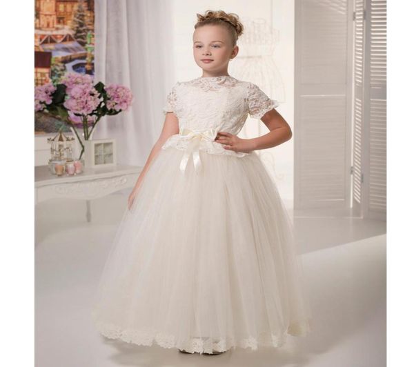 2019 Mode hübsche Whiteivory Lace Flower Girls Kleider mit Ärmeln Kinder geschwollene Prom -Kleid Tüll Ballkleid kleine Braut Kleid 5498679