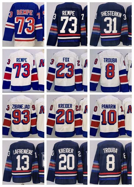 Novo 2024 #73 Jerseys de hóquei Matt Rempe Artemi Panarin 10 Mika Zibanejad 93 Shesterkin 31 Fox 23 Kreider 20 Trueba 8 Jerseys de hóquei White Alternate Navy Terceiro Blue mens