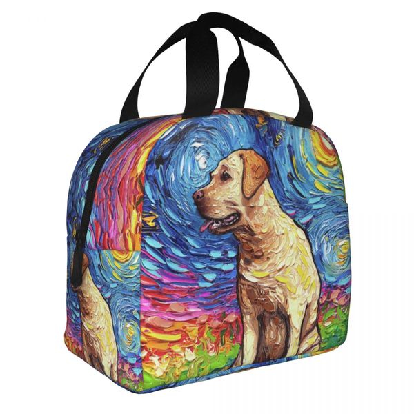 Borsa da pranzo notturna stellata gialla Labrador Borsa per il pranzo isolata calda per le donne bambini lavoro da picnic.