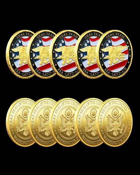 5pcs Kunst und Handwerk der US -Armee Gold plattiert Souvenir Coin USA Land Land Land Of Seal Team Challenge Münzen Abteilung Marine Militär Badg122942