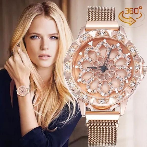 Relógios de pulso sortudos para mulheres da sorte 2024 Gold rosa girating Flower Relogio Feminino Fashion Diamond Magnetic Quartz Clock