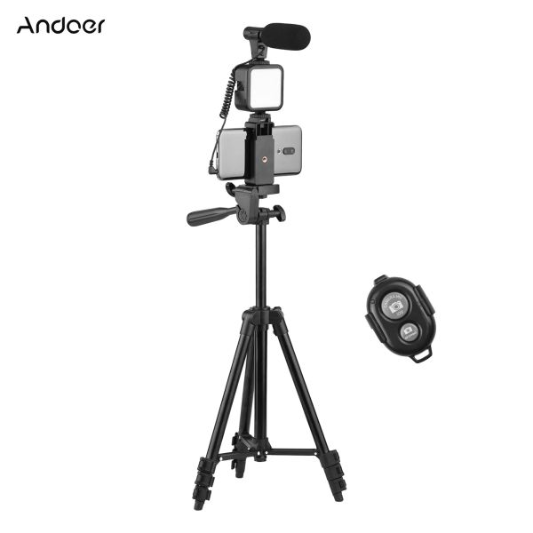 Tripés Andoer Telefone Vlog Kit de tripé com altura do portador de telefone Cold Shoe Microfone LED Video Light Remote Obturador para o telefone Câmera de vídeo