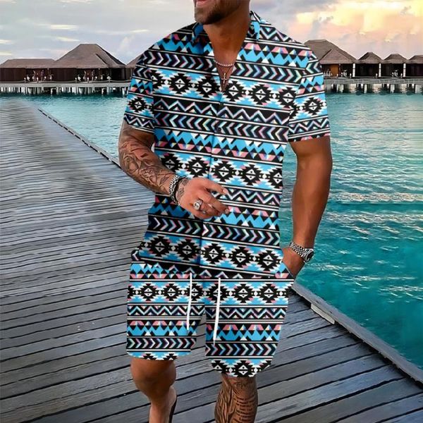 Men's Tracksuits Hawaiian Vacation Style Aztec Elements Button Shirts Cores de cores Geometria Conjuntos de streetwear