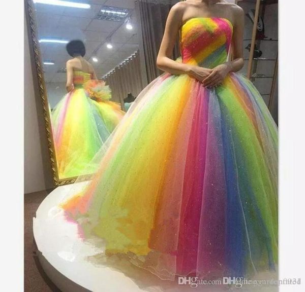 Novo vestido de baile colorido de arco -íris vestido de baile sem alça de piso renda para cima do espartilho longa e noite festas de baile de formatura personalizada Made1029613