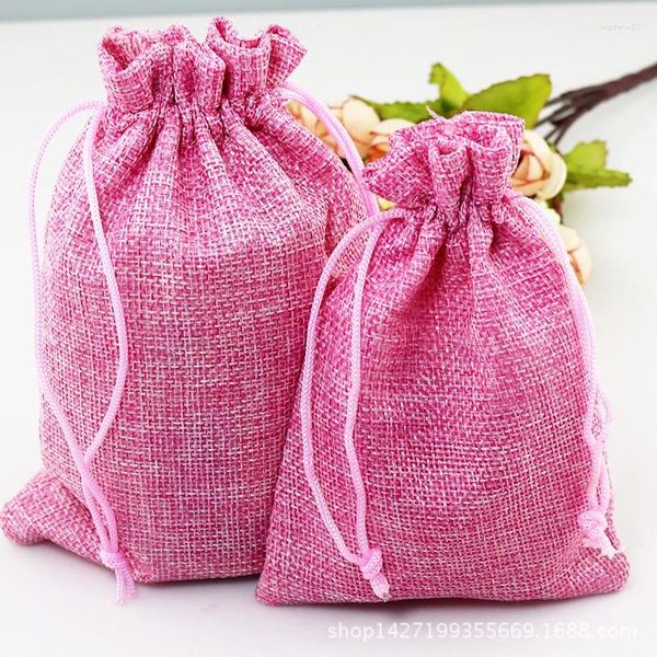 Enrole de presente de alta qualidade 100 PCs/lote rosa mini juta bolsa de linho Prawtring Small Packaging Bag Jóias de casamento (7x9 cm)