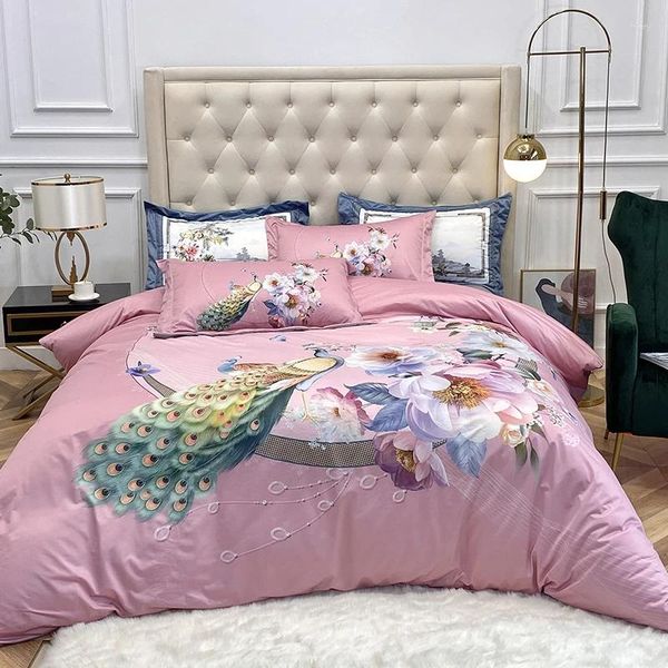 Set di biancheria da letto di lusso a maglia di cotone fiore di pavone da stampa digitale copripiumini rivestimento con letti a letto foglio di cuscinetti per la casa tessuti
