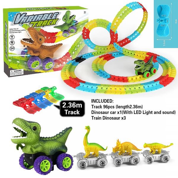 Carro de trilha de dinossauros para o garoto Flexível Track com LED Light e Sound-Up Race Car Set.
