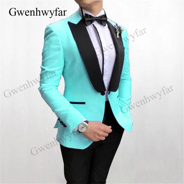 Calças Gwenhwyfar Turquesa Color Men Suits 2020 Novo estilo Buttlemen Party Wear Tuxedos Blazer com calça preta, lapela de cetim