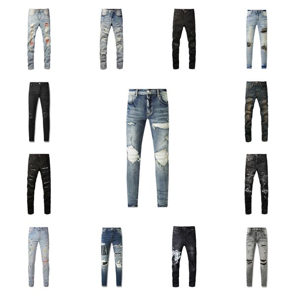 Designer Herren Am Jeans Purpur Jean Hosen für Männer zerrissen Stickramm Pentagramm Patchwork für Trendmarke Motorrad Pant Dünne Männerkleidung Religion Robin Robin