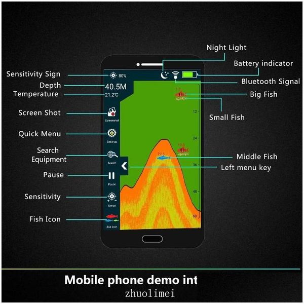 Finder Finder Finder Erchang Xa02/F68 SERIDO sem fio 48m/160ft Alarme de pesca de detector iOS Android Echosounder Sonar para entrega de gotas dhb3r