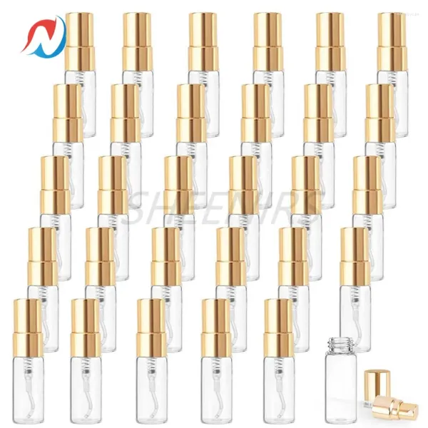 Bottiglie di stoccaggio 30pc 3 ml Fine Mista Atomizzatore Bottiglia di vetro Mini Viale spray trasparente Vials vuoto Riutilizzabile con coperchi dorati per campione liquido