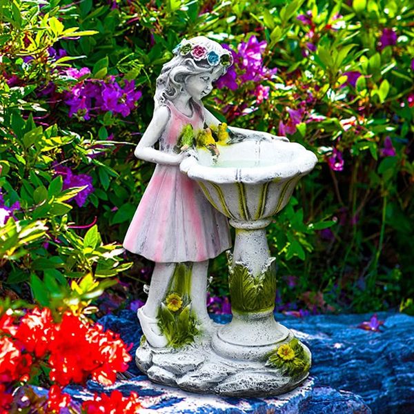 Fairy Garden Statue Harz Engel Figur Solarlicht Outdoor Floral Feenlampe Laternen Wasser Feature Effekt Gartendekoration 240408