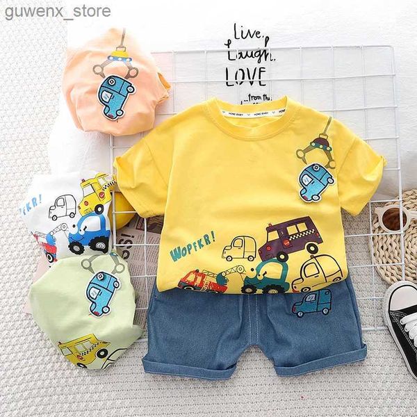 Set di abbigliamento Nuovi set di abbigliamento per bambini per bambini Summer Cartone Cartone Cotone +Shorts Denim per bambini Casualmente abiti da bambino 1-5 anni Y240412