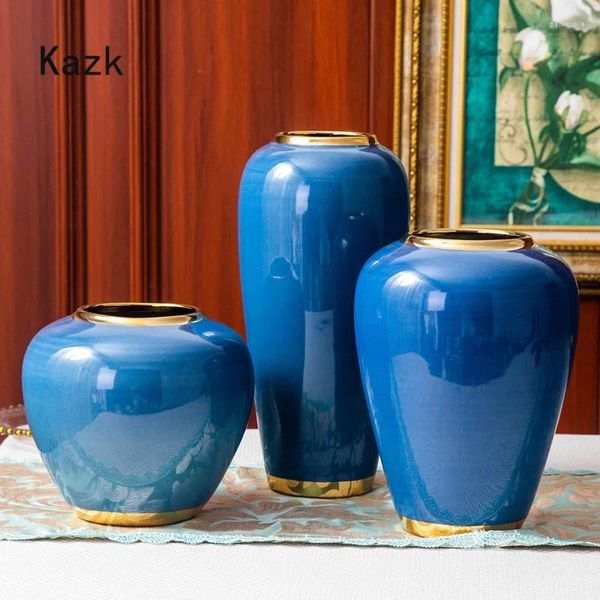Vasi Nordic Blue Gold Stroke Ceramic Vase Modern American Style Art Ikebana Secca Flower Luce Luxury DECORAZIONE DEL SOGGIO