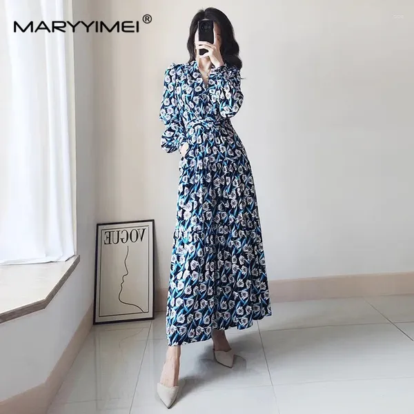 Повседневные платья Maryimei Fashion Women's Women's 2024 Spring Blue и White Printed V-образное плиссированное с высокой талией с длинными рукави