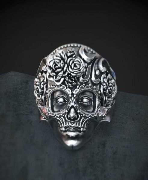 Exclusivo 316l Aço inoxidável de aço pesado Skull Ring Mandala Flor Santa Muerte Biker Jóias Tamanho 7 148587951