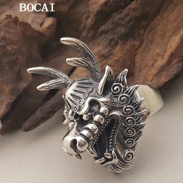 Bocai S925 Sterling Silver Retro e Domineering Dragon Head Ring Mens Presente 240412