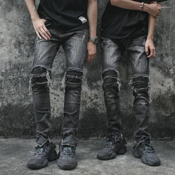 Calça masculina estilos escuros estilos de rua high street ripped ripped riped estique jeans pequenos jeans para homens