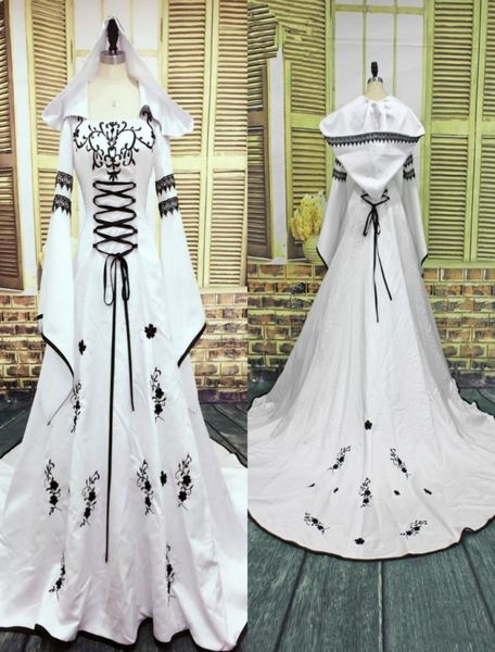 Robe de Mariage 2019 mittelalterlichem Hochzeitskleid maßgeschneiderte Brautkleider Stickerei Eine Linie Weiß und Schwarzes Satin Hochzeitskleid3043672