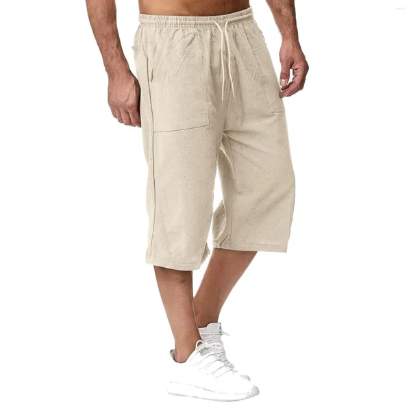 Pantaloni da uomo estate casual corto lungo cotone a colore solido pantaloni elastici per le vacanze in spiaggia jogging sciolte