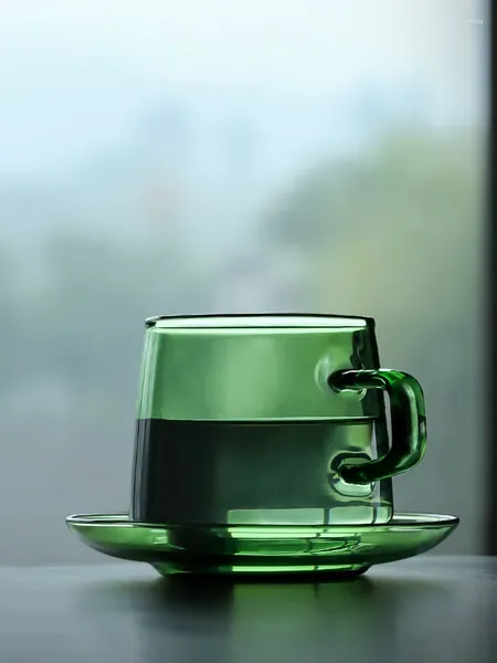 Cups Untertassen Retro-Hitze-resistente Glas Kaffee Tee Milch Tasse Set Grüne Orange 2 Farben Japan-Untertasse 350 ml handgefertigte Getränkeware