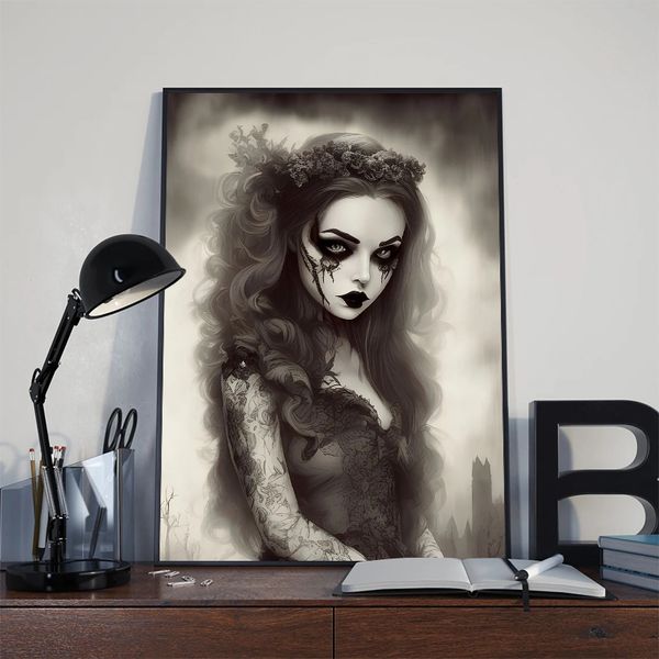 Anime Goth Girl With Flower Horror Gothic Gril Posters Prints Printing Pintura de Wall Art Picture para decoração de casa de sala Decoração