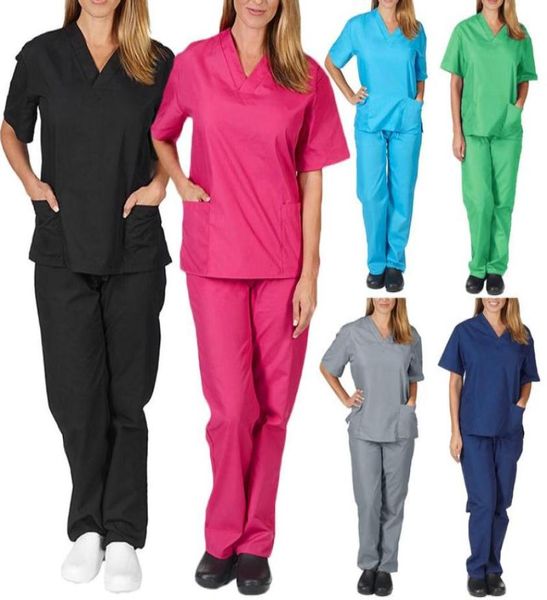 Donne039s pantaloni Capris a colori solidi unisex uomini donne maniche corte a v al collo infermiere scrubs topspants che si inserisce uniforme da lavoro set 3185256