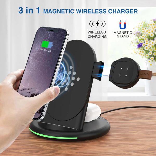 Chargers 15W Qi Fast Wireless Charger Stand para iPhone 13 12 X Apple Watch 3 em 1 estação de doca de carregamento dobrável para carregador de relógios Fitbit