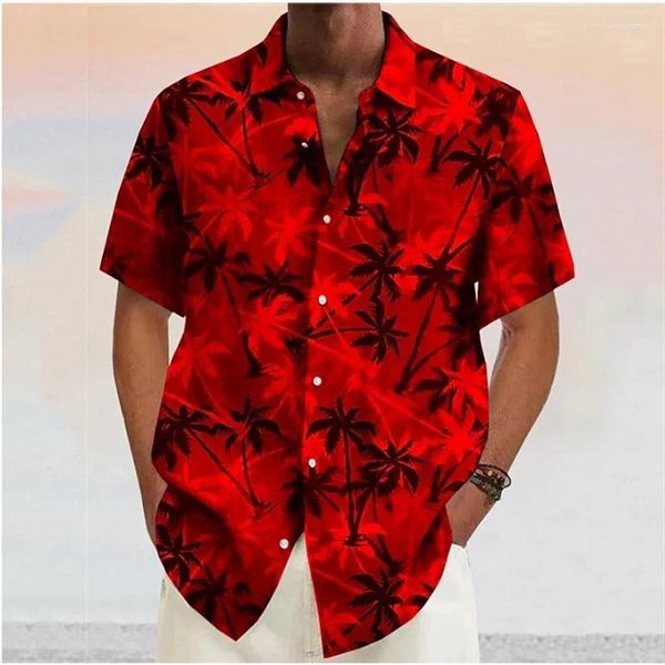 Herren lässige Hemden 2024 Kokosnussbaum -Drucken -Lampe -Button -Hemd Red Hawaiian Kurzärmel Fashion Designer Soft 7 Farben Summe