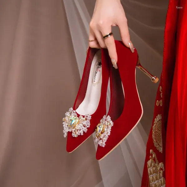 Scarpe eleganti con tacchi sottili eleganti la sposa 2024 primavera/estate/autunno strass femminile di fascia alta banchetto di fascia alta
