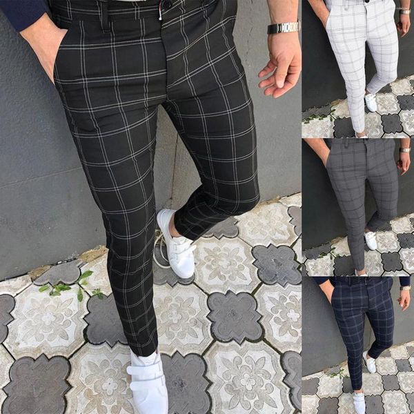 Calças masculinas Slim Fit Plaid Print Zipper Men Moda Casual Estabeleça Magno Longo Man Longo TRUSHERS Y2K Roupas Ginástica trabalha Pantalones