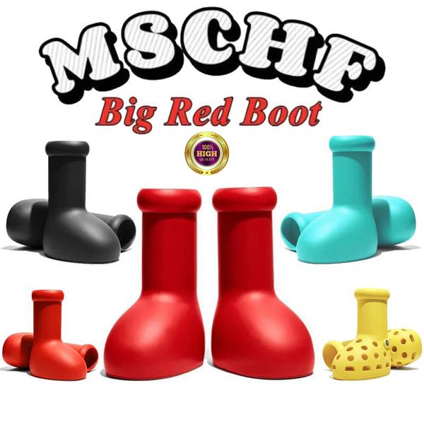 MSCHF Astro Boy Büyük Kırmızı Botlar Yağmur Botları Tasarımcı Erkek Kadınlar Boot Eve Kauçuk Temsilciler Diz patikleri çizgi film ayakkabıları Kalın Alt Platform Erkekler Kadın Spor ayakkabılar