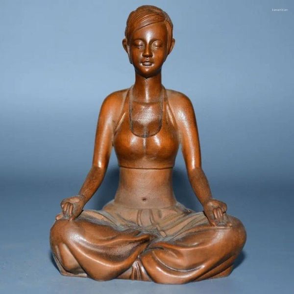 Figurine decorative Cinese Boxwood intaglio casa bellezza yoga figura statue decorazione decorazione bella ragazza da tè