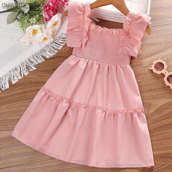 Mädchenkleider Sommerkleid Kinder Mädchen 4-7 Jahre Kleidung Strandkleid süße Spitzenmanschetten Square Kragen Spielwick