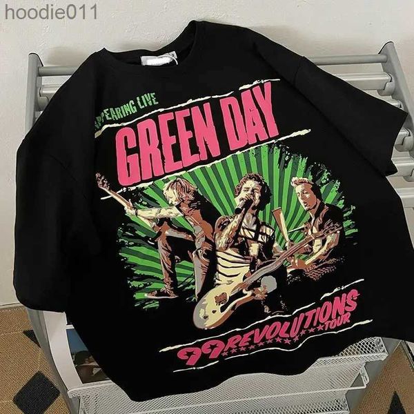 Erkek Hoodies Sweatshirts Retro Hip-Hop T-Shirt Street Giyim Üst Çift Kaya Band Baskılı Kısa Knapılı T-Shirt Erkek ve Kadın Üst Trendi Erkek Giyim Y2K Üst C24325