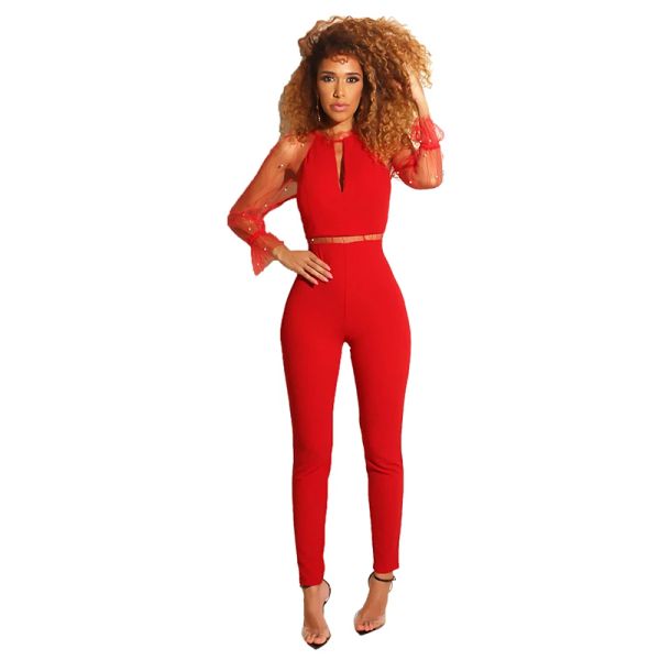 Abiti per perline Mesh Sheer2019 Nuovo sexy BodyCon salto da donna vestiti Nero maniche lunghe rosse a un pezzo Romper giocate da club in tuta