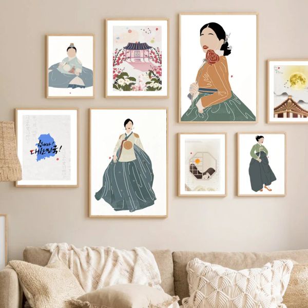 Koreanischer Stil Boho Hanbok Girl Asian Wall Art Canvas Malerei Nordische Plakate und Drucke abstrakte Bilder für Wohnzimmerdekoration