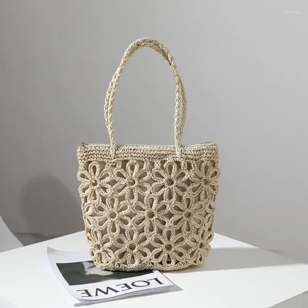 Bolsas de ombro de ombro de palha casual Flores ocas femininas tecidas Bolsa feminina de férias portátil de férias de férias Bolsa feminina