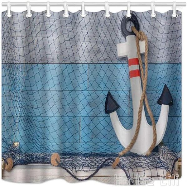 Duschvorhänge rostiger Anker mit Meeresseil am türkisfarbenen Holzbrett für Ocean Adventure Badezimmer von ho me lili