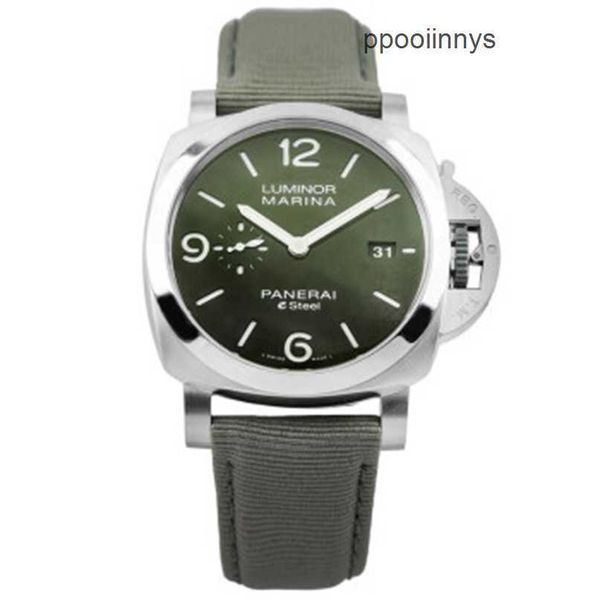 Relógios de luxo Paneraiss Luminor Watch Design Italian NOVO Não usado PAM01356 Última série de bitola de 44 mm Lumino Dial Green Dial Strap Dual Complete Conjunto Y9VR