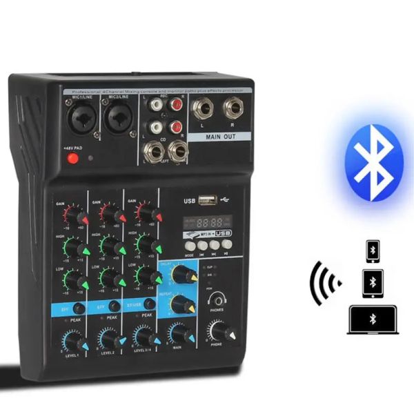 Mixer Profissional Mixer 4 canais Bluetooth Som Mixing Console para karaokê