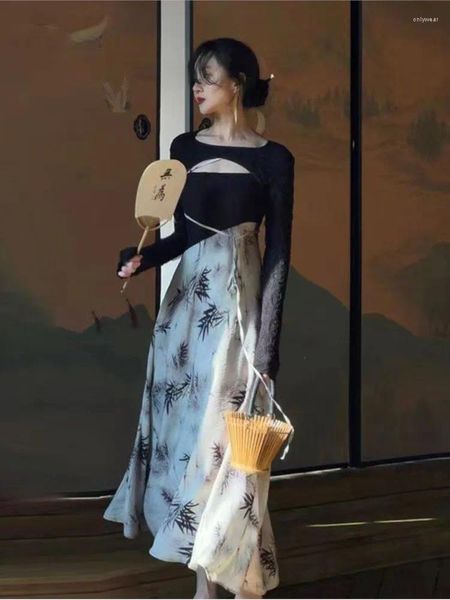 Lässige Kleider florale elegante Abendparty Midi Kleid Frauen Frankreich Vintage 2 Stück Sets Sommer 2024 Drucken Retro chinesischer Stil