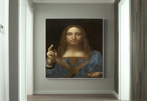 Pintura de parede de salvator mundi na tela da Vinci famosas reproduções imagens de parede para decoração de sala de estar quadro1605605
