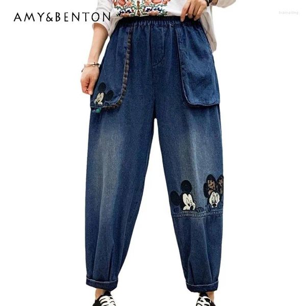 Damen Jeans Jeans Denim Harem Hosen 2024 Herbst Cartoon gestickt mit elastischer Taille gewaschener Verschleiß-weiße Retro lose Hosen für Y2K