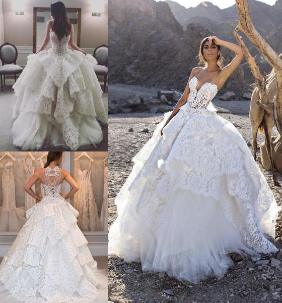 Luxusspitze 2018 Brautkleider Perlen Perlen Stufte Schatz Rückenless Brautkleider Sweep Zug Pnina Tornai Plus Größe Hochzeit 9925304