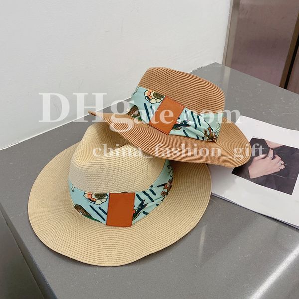 Designer Paglie Cappello Cappello Bucket Cappello di protezione da sole Luxury Cappello a paglia piatta con nastro stampato Viaggio largo da sole a tenace